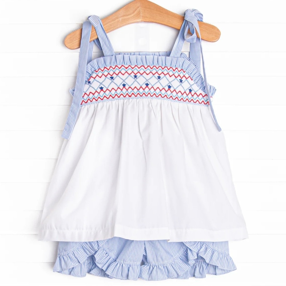 Stitchy Fish Stars and Stripes Smocked
Ruffle Short Set, Blue